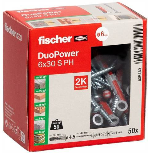 Fischer DUOPOWER 2-Komponenten-Dübel aus Nylon in Grau und Rot, Durchmesser: 6 mm, Länge: 30 mm, 50 Stück - Bild 1