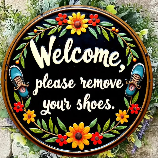 CIFBUY Rustikales Rundes Metall-Wandschild Bitte Entfernen Sie Ihre Schuhe in Schwarz mit Blumenmuster, Durchmesser: 20,32 cm - Bild 1