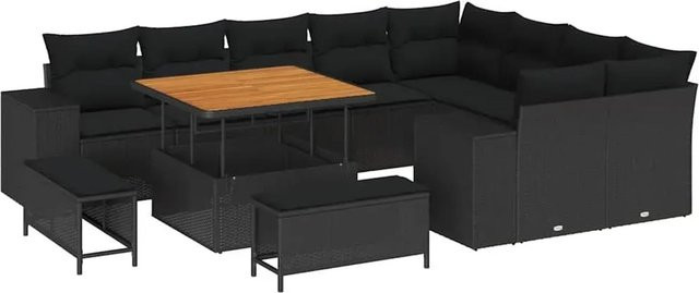 vidaXL Garten-Sofa-Set 12-tlg. aus Polyrattan in Schwarz mit Polsterung und Couchtisch für Terrasse und Garten - Bild 1