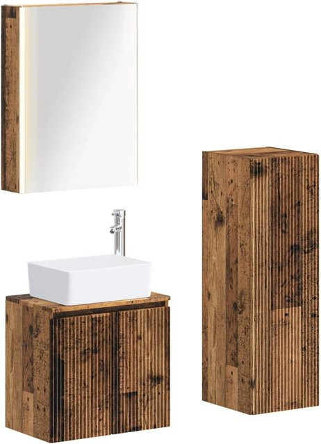 vidaXL Badezimmermöbel-Set 4-teilig aus Altholz und Glas in Braun mit LED-Beleuchtung und Spiegelschrank - Bild 1