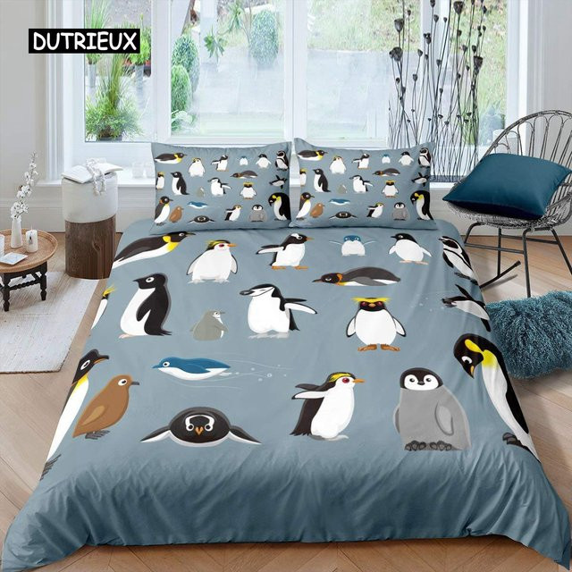 Binchi Bettwäsche-Set mit Pinguin-Motiv für Kinder, 3-teiliges Microfaser-Bettbezug-Set in Blau, B/H: 140 x 200 cm - Bild 1