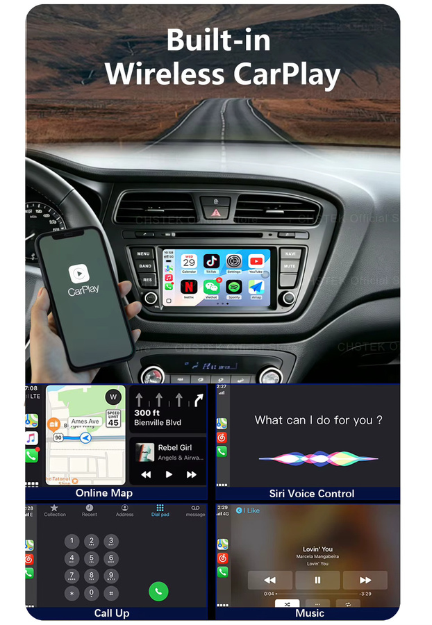CHSTEK Android 14 Multimedia-Autoradio mit Carplay, GPS, WIFI, 4G und Bluetooth für Hyundai I20 II GB Elite (2014-2018), Schwarz - Bild 2