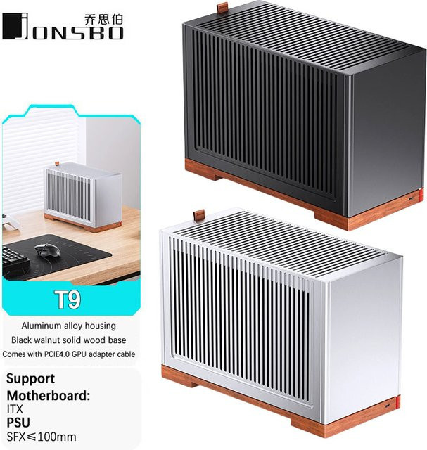 JONSBO T9 Mini ITX Desktop-Gehäuse aus Vollaluminiumlegierung in Schwarz mit PCIE 4.0 GPU-Adapterkabel - Bild 1