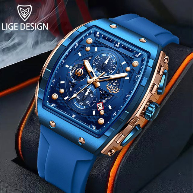 LIGE Chronograph Armbanduhr, Quarz, eckig, Silikon, Blau, Herren - Bild 1