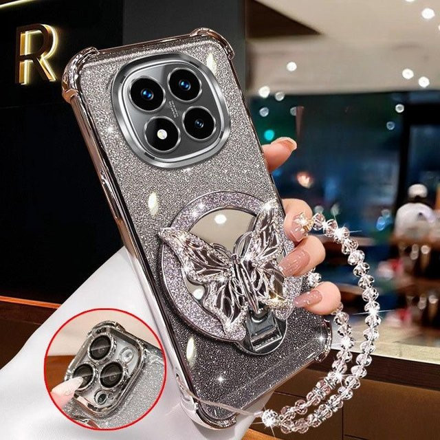 Glitzer Schmetterling Handyhülle mit Kristall-Spiegel und Armband für Xiaomi Redmi Note 15 14 13 12 11 Pro Plus 4G 5G in Silber - Bild 1