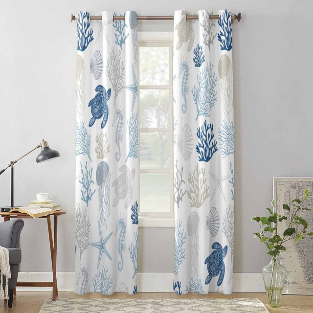 Binchi Outdoor Equipment Fenstergardine Meeresleben mit Meeresschildkröte und Seestern, Blau, B: 135 cm, H: 135 cm - Bild 1