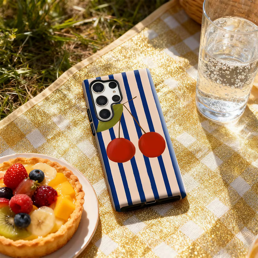 Cherry Blu Gestreifte Glänzende Handyhülle für Samsung Galaxy S25 Ultra, S24 und S23 Ultra Plus in Blau mit doppelschichtigem Rückseitenschutz - Bild 5