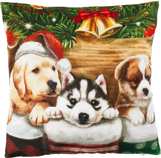 Kissenhülle von viva domo mit weihnachtlichem Katzen- und Hundemotiv in Braun und Multicolour - Bild 1