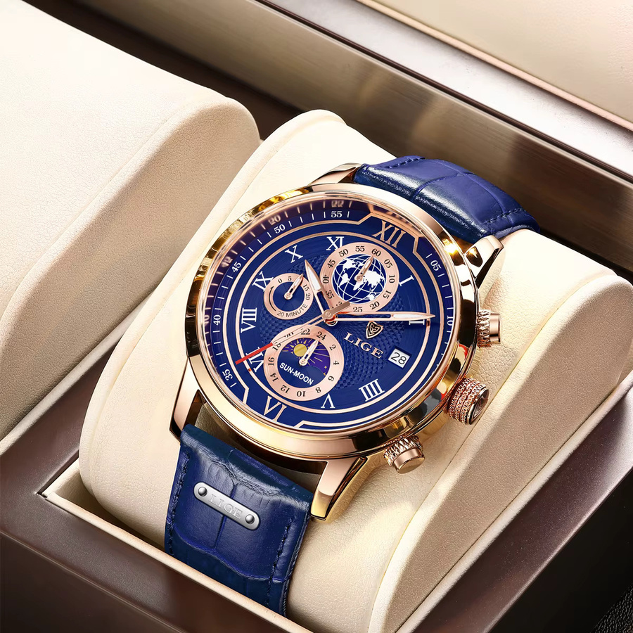 LIGE Armbanduhr Chronograph, Quarz, Leder, Roségold, Blau, Herren - Bild 2