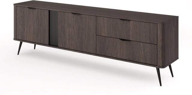 Selsey TV-Lowboard Veris in Dunin Eiche und Schwarz mit Riffeln, 2 Türen und 2 Schubladen, Breite: 195,2 cm, Tiefe: 38,0 cm, Höhe: 61,2 cm - Bild 1