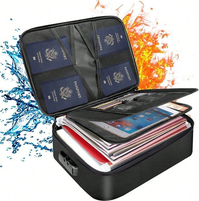Feuerfeste und wasserfeste Dokumentenbox in Schwarz mit Schloss und großem Fassungsvermögen für A4 Dokumente - Bild 1