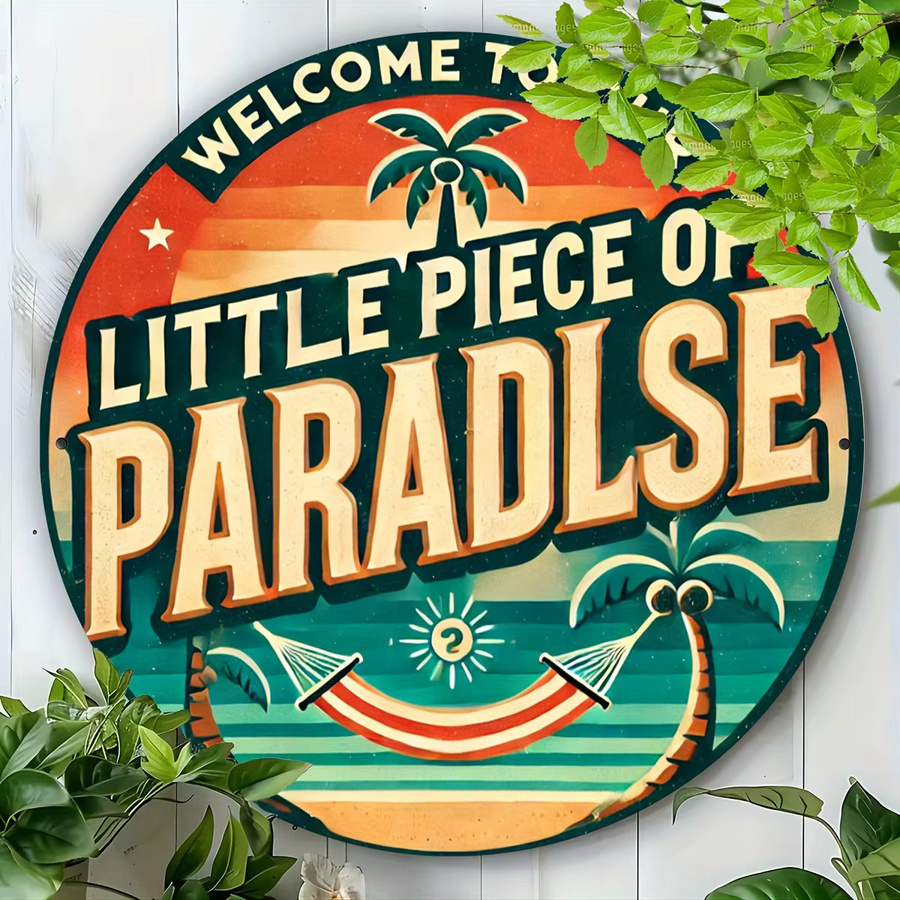 Potdemiel Vintage Aluminiumschild Welcome to Our Little Piece of Paradise Rund mit tropischem Motiv, Durchmesser: 20 cm, Mehrfarbig - Bild 3