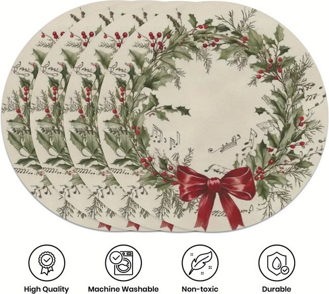 VIKAMA 4er-Set Weihnachtliche Tischsets mit Holly Berry Motiv in Grün und Rot - Bild 1