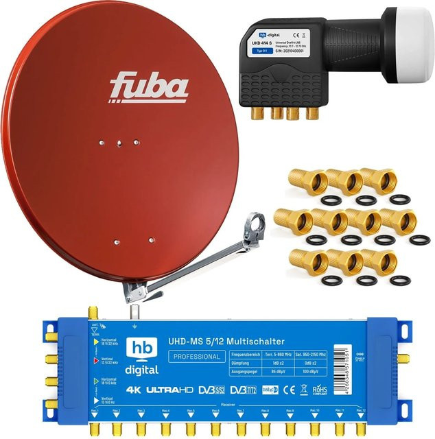 hb-digital SAT Anlage Fuba DAL 800 in Ziegelrot mit Multischalter MS 5/12 und Quattro LNB - Bild 1