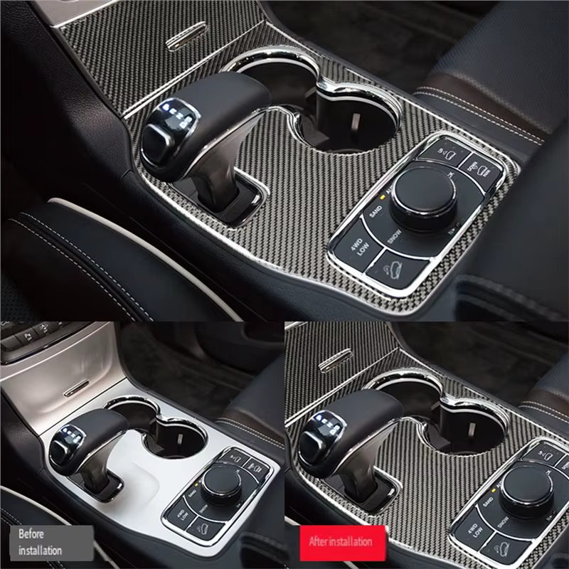 Getriebe-Wählhebel und Getränkehalter-Abdeckung in Carbon-Optik für Jeep Grand Cherokee 2014 2015, Schwarz - Bild 4