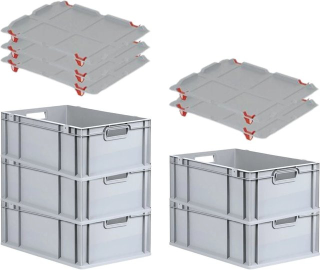 PROREGAL SparSet 5x Eurobox NextGen Grip mit Auflagedeckel und roten Schiebeschnappverschlüssen, Grau, H x B x T: 22 x 40 x 60 cm - Bild 1
