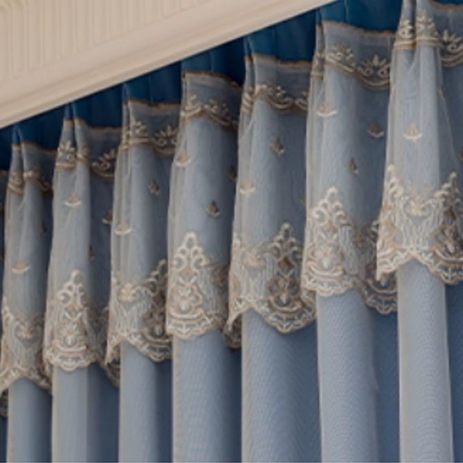 CENTURyMiG Doppelter Gaze-Vorhang im französischen Rokoko-Stil mit Spitze und Stickerei in Blau, transparent - Bild 3