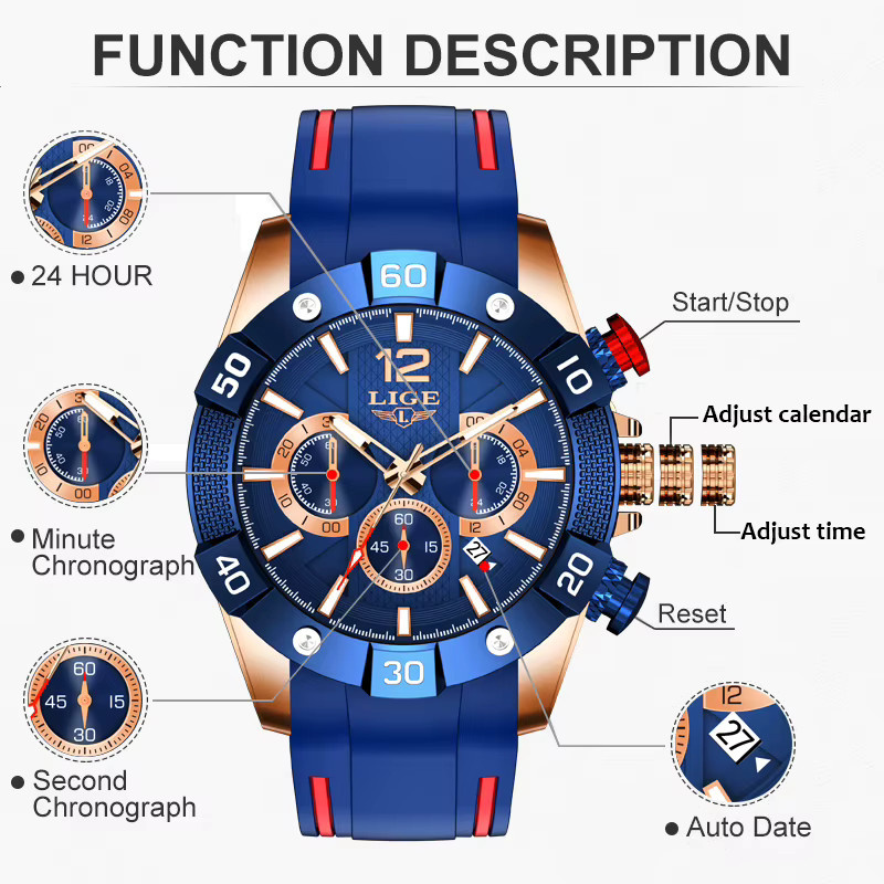 LIGE Chronograph, Quarz, Silikon, Blau, Herren - Bild 3
