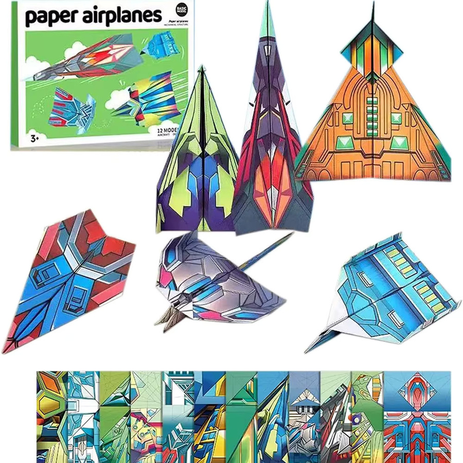Klassisches Weltrekorde Papierflugzeug-Set aus buntem Origami-Faltpapier für Kinder und Schüler, DIY Bastelspielzeug zum Basteln von Weltraum-Motiven, Mehrfarbig - Bild 2