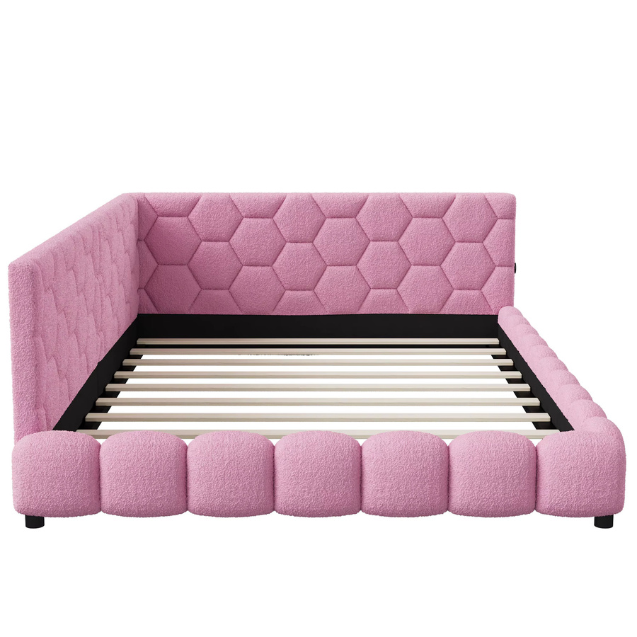 Rosahqnda Doppelbett für Erwachsene mit LED-Bettgestell und L-förmigem Kopfteil aus Teddy-Fleece, Farbe: Rosa/Weiß, B/T/H: 140 x 200 cm - Bild 2