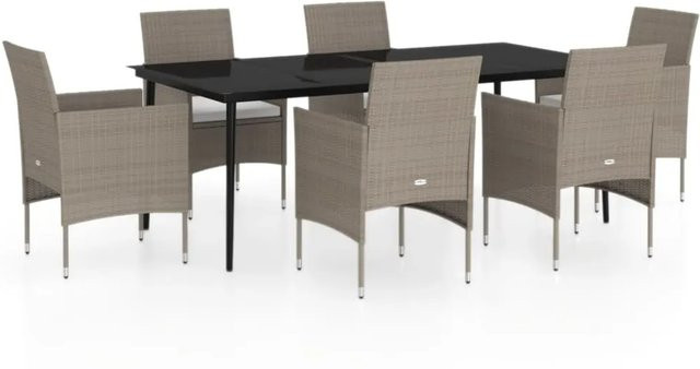 vidaXL 7-teilige Garten-Essgruppe aus PE-Rattan und pulverbeschichtetem Stahl mit Glasplatte und Kissen in Beige und Schwarz - Bild 1
