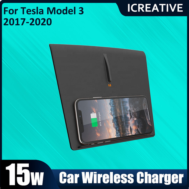 Icreative Drahtloses Dual-Telefon-Autoladegerät für Tesla Model 3 2017–2020, 15 W Schnellladepad mit USB-Anschlüssen, Qi-kompatibel, Schwarz - Bild 1