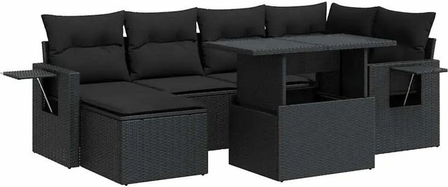 vidaXL 7-teilige Garten-Sofagarnitur in L-Form aus schwarzem Poly-Rattan mit Kissen und pulverbeschichtetem Stahlgestell - Bild 1