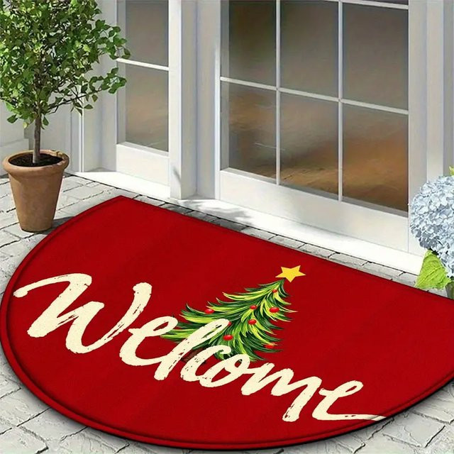 VIKAMA Weihnachts-Halbkreis-Fußmatte in Rot für Eingangsbereich, Flur und Badezimmer - Bild 1