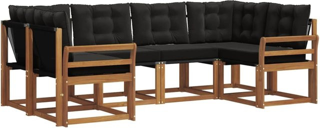 vidaXL Outdoor-Sofagarnitur 6-teilig L-Form aus Akazienholz und Textilene in Natur und Schwarz mit Kissen - Bild 1