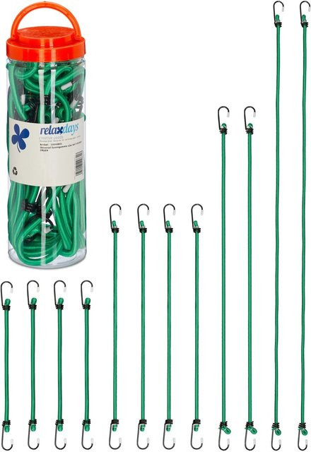 Relaxdays Spanngummi Set in Grün mit Haken, 12er Pack, verschiedene Längen: 100 cm, 65 cm, 50 cm und 33 cm - Bild 1