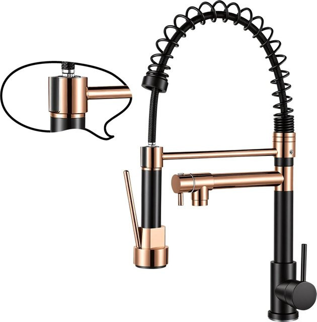 PXloue Küchenarmatur in Gold mit ausziehbarem Brausekopf, 360 Grad drehbarer Siphon und zwei Strahlarten - Bild 1