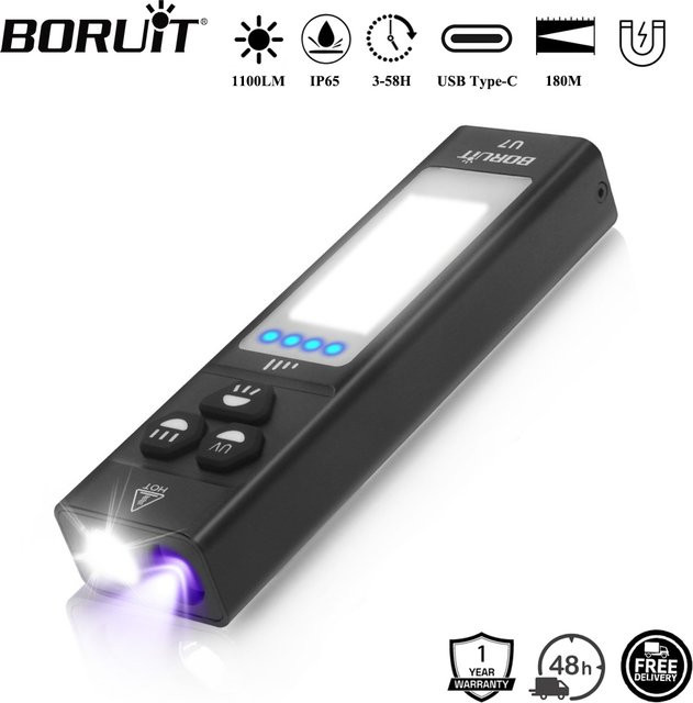 BORUiT U7 UV-LED-EDC-Taschenlampe in Schwarz mit 1100 lm, wiederaufladbar via USB-C, inklusive Powerbank-Funktion und Magnet für Camping und Arbeit - Bild 1