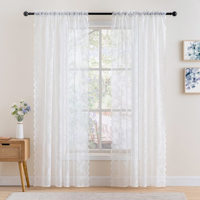 EASHION Transparenter Voile-Vorhang aus weißer Spitze mit floralem Muster und Stangentasche, Breite: 140 cm, Höhe: 100 cm - Bild 1