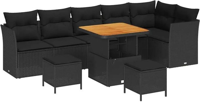 vidaXL Garten-Sofa-Set 9-teilig in Schwarz mit Polsterkissen und Couchtisch aus Poly-Rattan und Akazienholz - Bild 1