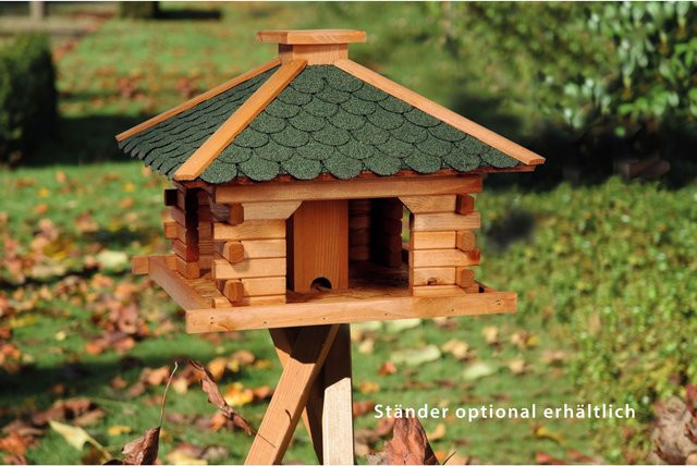Dobar Rustikales XL-Vogelfutterhaus im Blockhaus-Stil aus Kiefernholz mit grünem Bitumendach und integriertem Futtersilo in Braun und Grün - Bild 1