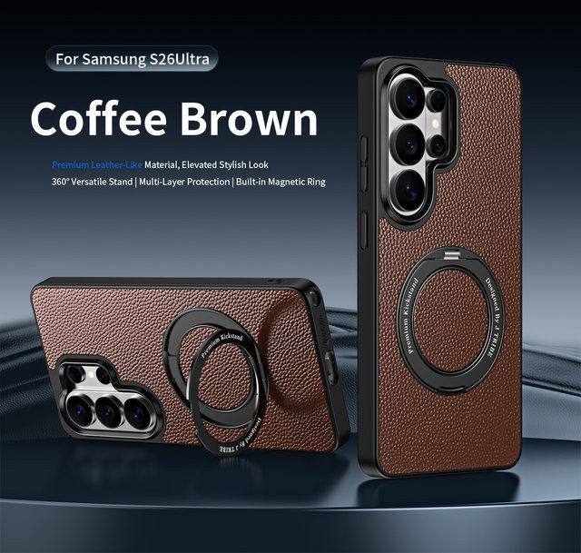 Luxuriöse Leder-Handyhülle für Samsung Galaxy S24 S25 S26 Ultra, magnetisch und 360 Grad drehbar mit Standfunktion und kabelloser Ladefunktion, Farbe: Braun - Bild 1