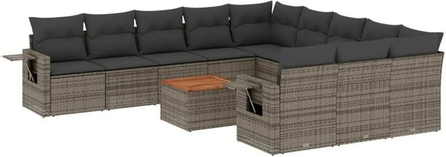 vidaXL 12-tlg. Garten-Sofagarnitur in L-Form aus Polyrattan mit Kissen und Couchtisch, Grau - Bild 1