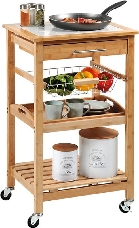 Kesper Küchenwagen aus FSC-zertifiziertem Bambus und Fliesen in Braun mit Rollen und Servierfächern, B/T/H: 81,0 x 48,0 x 38,0 cm - Bild 3