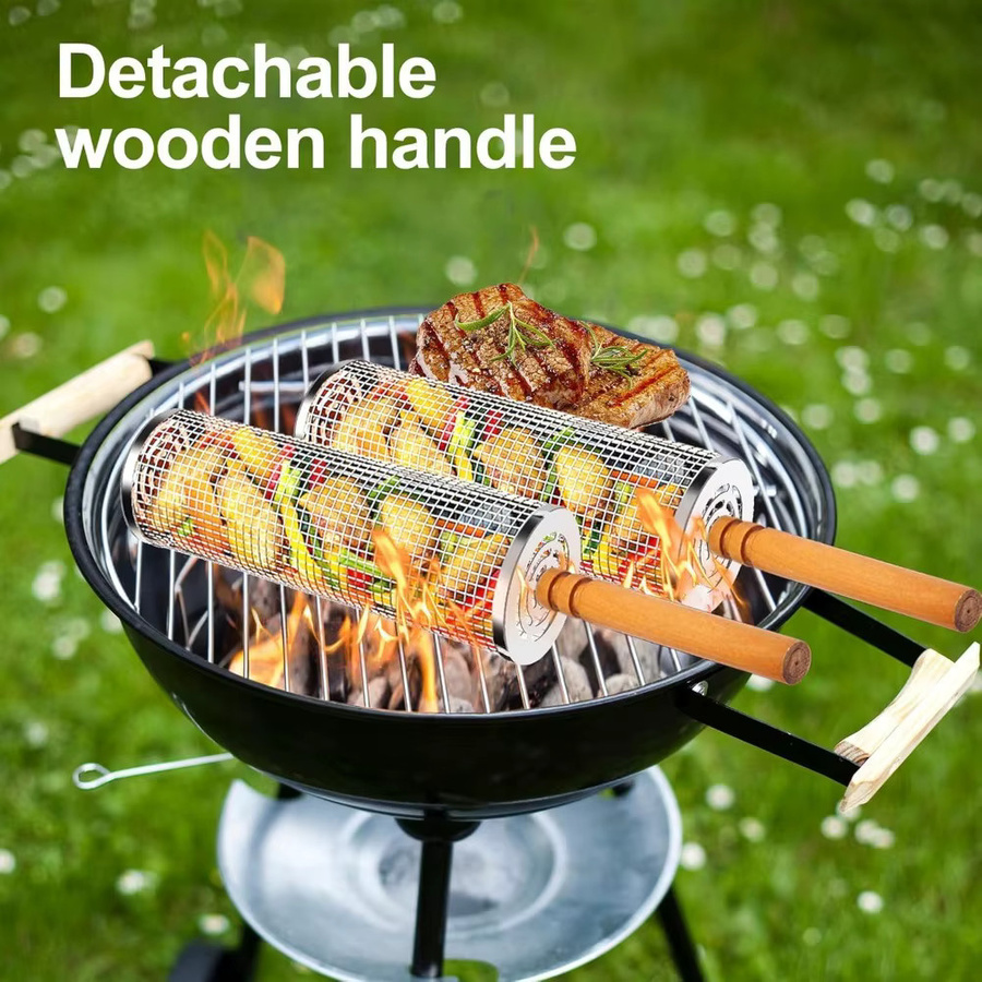 FEB.WIND Nesting-Grillkörbe aus Edelstahl 304 in Silber mit abnehmbarem Holzgriff und rundem Grillnetz - Bild 2