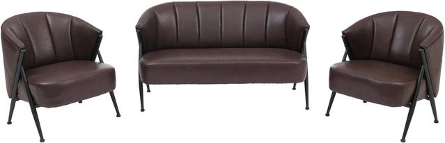 Wohnzimmer-Set MCW-P30 im Vintage Retro Industrial Stil aus Metall und Kunstleder in Dunkelbraun, bestehend aus einem 2er-Sofa und zwei Sesseln - Bild 2