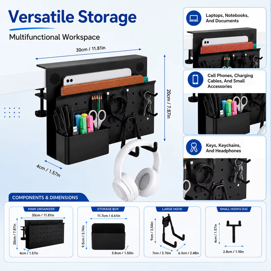 Metall-Pegboard-Organizer für den Schreibtisch in Schwarz mit Kopfhörerhalter und Kabelmanagement zur Aufbewahrung von Bürobedarf, Laptop, Tablet und Telefon - Bild 7