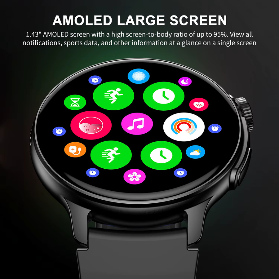 Uhoofit Smartwatch mit 1,43 Zoll AMOLED HD-Bildschirm in Schwarz, Bluetooth-Anruf, Herzfrequenzmessung, Sportfunktionen und Sprachassistent, wasserdicht, Unisex - Bild 1
