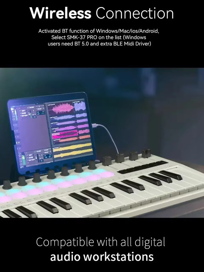 M-VAVE SMK-37 PRO MIDI-Controller mit 37 Tasten, 16 RGB-Pads und 8 Drehreglern in Pink - Bild 5