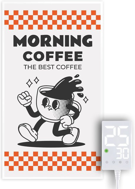 Heidenfeld Infrarotheizung HF-HP105 mit Thermostat und Wandmontage, 1000 Watt, Motiv Morning Coffee, Mehrfarbig - Bild 1