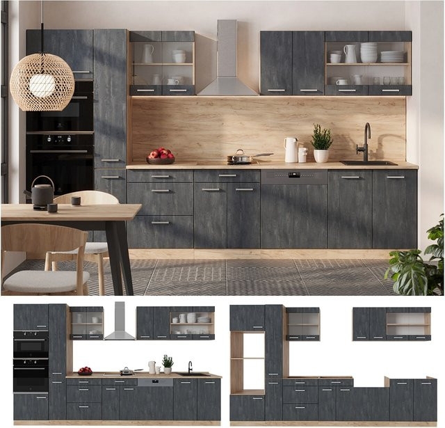 Vicco R-Line Küchenzeile in Schwarz Beton und Eiche mit Arbeitsplatte in Anthrazit, Breite: 350 cm - Bild 1