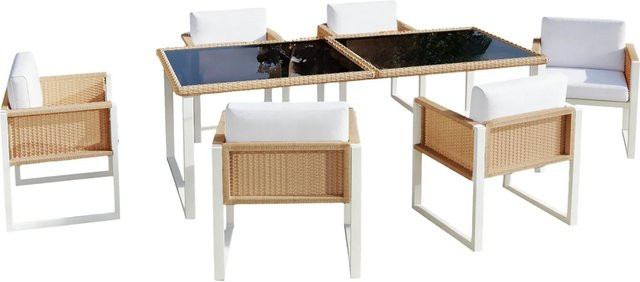 Merax Polyrattan Garten-Essgruppe für 6 Personen mit Esstisch und Sesseln in Braun und Weiß - Bild 1