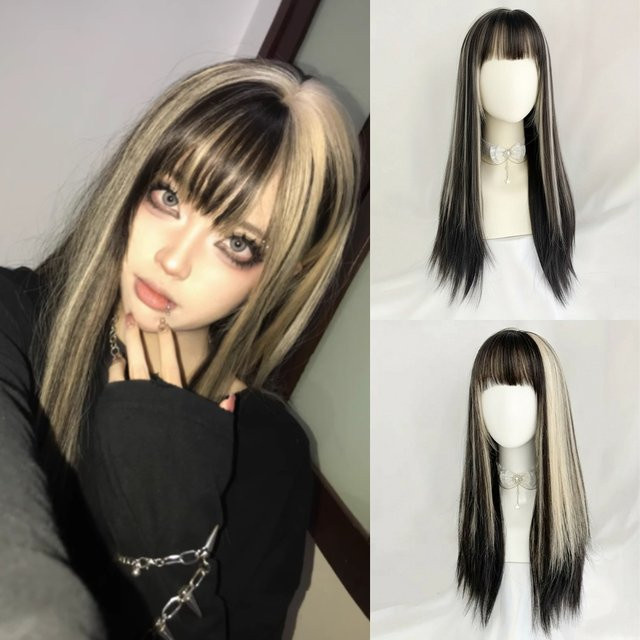GAKA Perücke, synthetisch, lang, gerade, Schwarz-Blond-Mischung, mit Pony, Damen - Bild 1