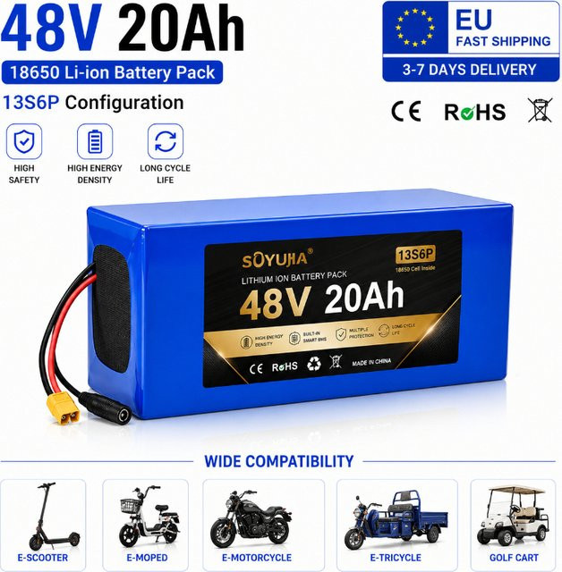 48V 20Ah 13S6P Lithium-Ionen-Akkupack mit 18650 Zellen und BMS-Schutz, 960Wh Hochenergie-Akku in Blau mit XT60, JST, SM und DC-Steckern für E-Bike und E-Roller Umbausätze - Bild 1