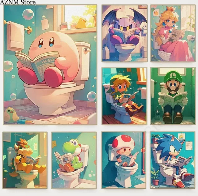 Lustiges Badezimmer-Poster mit Videospiel-Cartoon-Charakteren als Wandkunst auf Leinwand für die Kinderzimmer-Dekoration - Bild 1