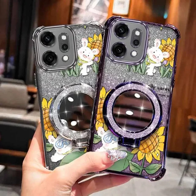Handyhülle mit Lanyard und Ständer für OPPO Reno 14 14Pro 14F 13F 12 12Pro 12F 11 11F 10 10Pro Design Happy Rabbit Farbe Multicolour Silver - Bild 1